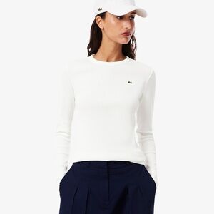 Lacoste Women's Slim Fit Ribbed Cotton Long Sleeve White T-Shirt 36 Small